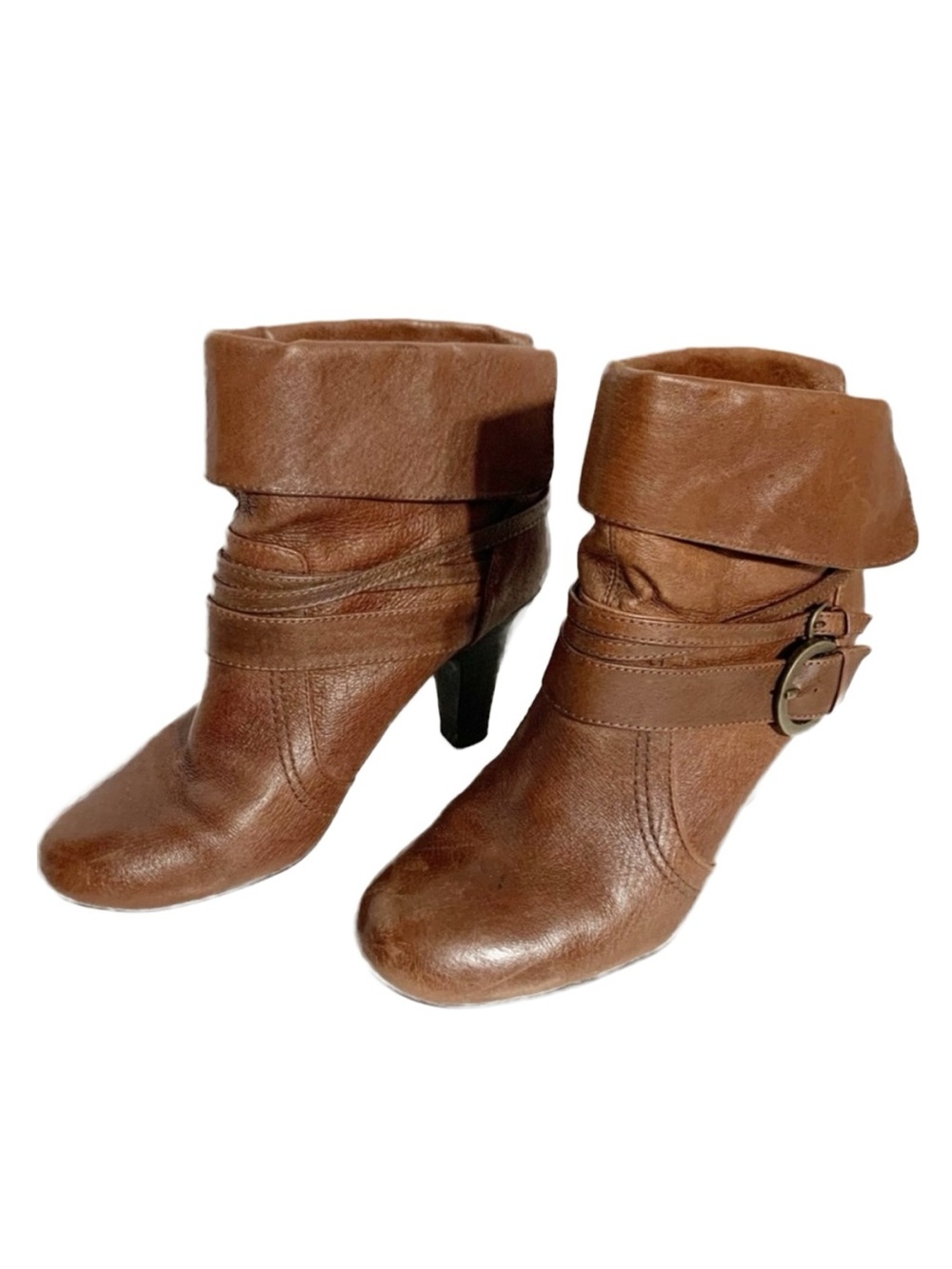 Kelly & Katie Jillian Leather Ankle Boots Wooden Stacked Heel Fold Over Look